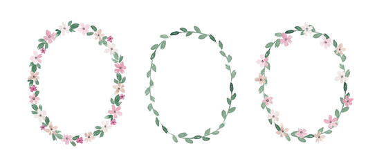 Floral frames and borders with cute flowers. Kid floral designs hand drawn with watercolor. Baby shower clip art. Simple elegant design elements for card, logo, banner, frame art