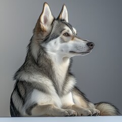 Elegant Siberian Husky dog with piercing blue eyes and thick fur coat sitting peacefully against a plain grey background in a professional studio portrait