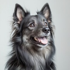 Close-up portrait of a happy medium-sized mixed breed dog with long black and gray fur, alert ears, and bright expressive eyes on a plain light background