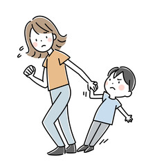 嫌がる子供と手を引く母親のイラスト