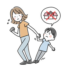 行き渋る子供と悩む母親のイラスト