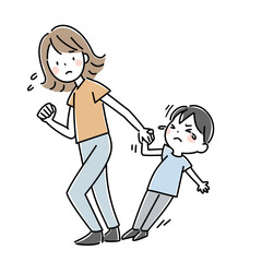 嫌がる子供と手を引く母親のイラスト
