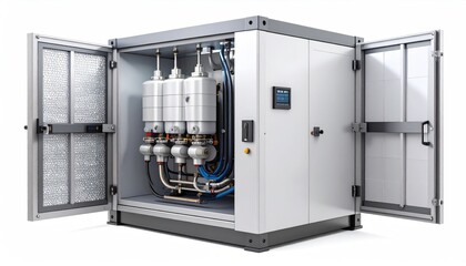 technical simulation. Industrial equipment housed in a silver cabinet, featuring visible machinery and an open design for access.