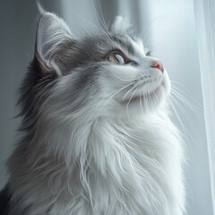 Close up of a beautiful long-haired gray and white domestic cat gazing out a window with soft natural light highlighting its fluffy fur and curious expression