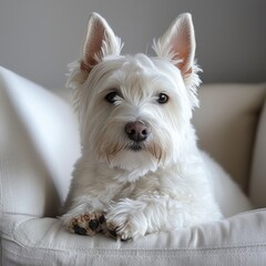 Cute West Highland White Terrier dog relaxing on a soft cushion looking at camera indoors with a calm expression and detailed white fur background
