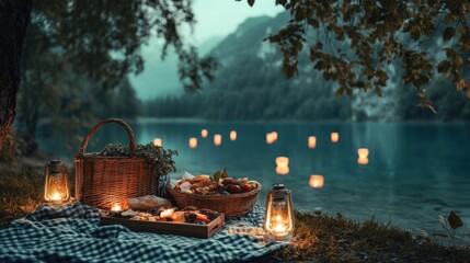 A romantic lakeside picnic with a blanket, a basket of fresh food, and floating lanterns on the water