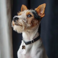 Cute and alert small terrier dog with distinctive markings and expressive eyes, wea a collar with a bone-shaped tag, indoors near a window