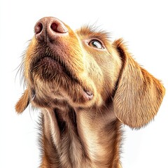 Close-up of a curious brown dog with expressive eyes and floppy ears looking upward on a white background, showcasing detailed fur texture and alert demeanor