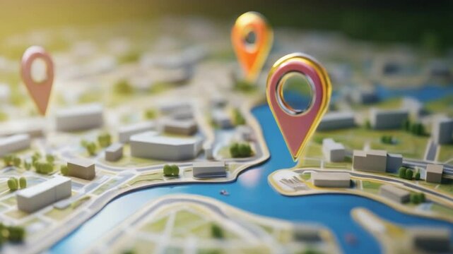 Navigational Journey: Close-up of a city map adorned with a series of location pins, showcasing direction, navigation and guidance.