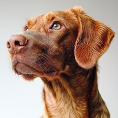 Close up portrait of an attentive brown dog looking upwards with a soft white background showing detailed fur and expressive eyes