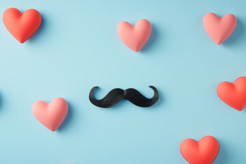 Pink hearts and a mustache on a blue background Fathers Day love