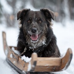 Happy playful mixed breed dog with dark fur and expressive eyes enjoying winter fun on a wooden sled in snowy outdoor landscape under cloudy sky