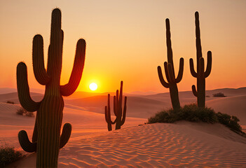 Scenic desert landscape at sunset with tall cacti silhouetted against an orange sky. Soft sand dunes and warm lighting create a serene, natural, and atmospheric southwestern vibe