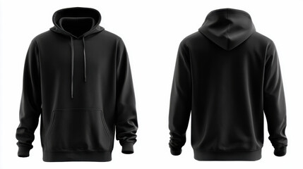 A classic black hoodie displayed in both front and back views, isolated against a clean white background. Urban leisure, sports style, daily wear, various occasions, different genders, personal style