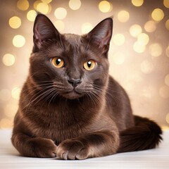 Close-up of a sleek brown cat with bright yellow eyes lying on a white surface with a warm bokeh light background, showcasing feline elegance and relaxed demeanor