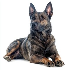 Sitting mixed breed dog with pointed ears and bushy tail looking attentively on white background, adorable pet dog showcasing alertness and curiosity in studio shot