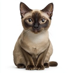 Close-up of a Siamese cat sitting calmly on a white background showcasing its elegant features, striking blue eyes, short sleek coat, and attentive expression
