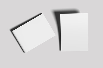 Mockup of an open (top) and closed (bottom) two-page booklet, notebook, brochure, magazine, book, White A4 Blank Landscape Brochure Mockup On Light Grey Background.