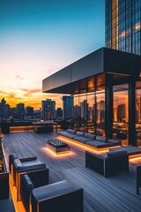 A rooftop party with panoramic city views, sleek modern furniture, ambient lighting, and a DJ booth to set the tone for the evening,