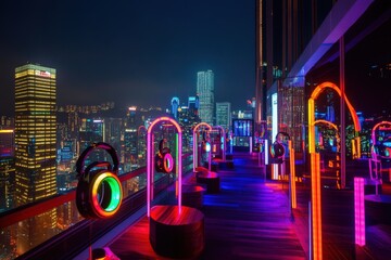 A rooftop silent disco party in the city with headphones syncing to DJs, vibrant LED decorations, and panoramic views of the urban skyline at night