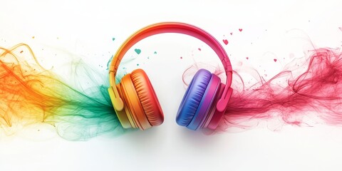 Colorful headphones with rainbow-colored smoke and small heart shapes on a white background, illustrating pride and diversity