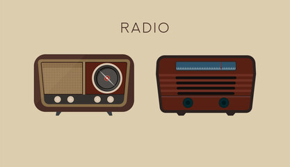 A set of vintage and retro radios in various iconic styles. Classic radio receivers with knobs, antennas, and wood textures. Ideal for nostalgic, retro tech, or antique electronics themes