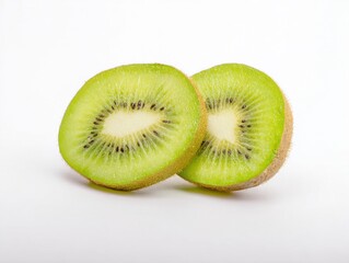 Fresh ripe kiwi fruit cut in half showing green flesh and seeds
