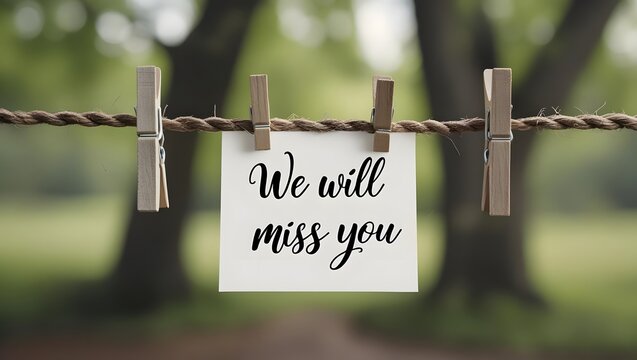 A heartfelt message hangs gently on a rope, swaying in the soft breeze. The words We will miss you are written in elegant script, expressing profound sentiment and heartfelt farewell.