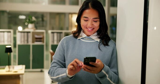 Night, office and business woman with mobile for journalism, research and publication approval. Phone, deadline and happy worker typing creative news report, article feedback and editing headline