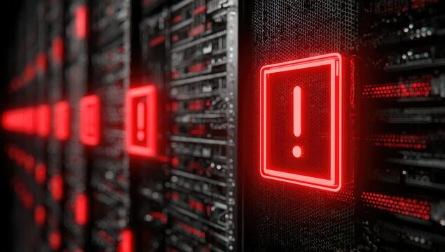 A 3D rendering of a server room with glowing red exclamation marks indicating system errors or alerts.  The image evokes a sense of urgency and potential system failure