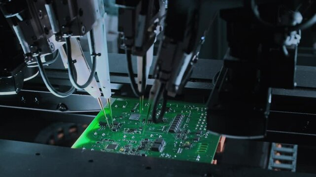 Close-up: installing electronic components. Printed circuit board moves with SMD. Automatic welding, solder machine. Production technology. Diagnose test chips and processors. Manufacture of High-tech