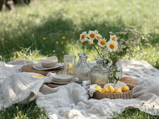 A sustainable picnic with glass containers, fabric napkins, and handmade reusable decorations