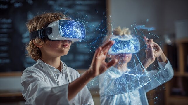 Kids Exploring Virtual Reality Innovative Technology Digital Future Education Modern School Children Headset Experience Interactive Learning Advanced Program Immersive Experience  