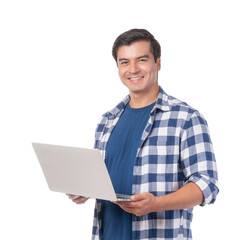 Handsome young man smiling while holding laptop computer, wearing blue checkered shirt, isolated on a transparent background, casual freelancer or student working online, remote work lifestyle concept