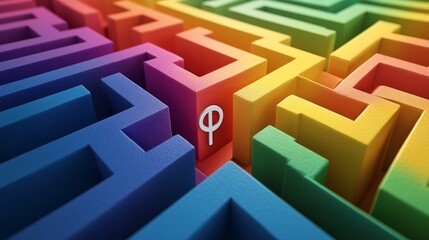 Colorful maze with rainbow gradient, featuring a white Greek letter phi symbol at the center, in a minimalistic style