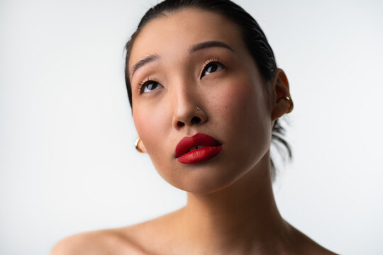 Red Lips Beauty Portrait With Bare Shouldered
