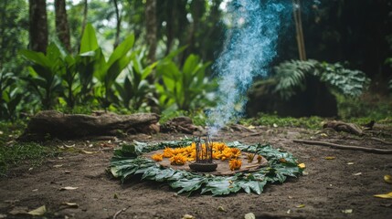 A tribal ceremony in the forest with natural decor, incense, and symbolic offerings to celebrate life milestones