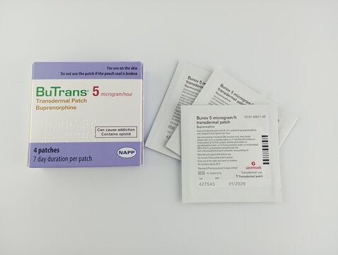 Buprenorphine transdermal patch - skin patch used to treat severe and persistent pain that requires an extended treatment period
