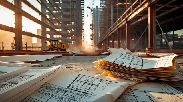 Architectural blueprints scattered on ground at active construction site with steel framework, crane, and machinery during golden hour


