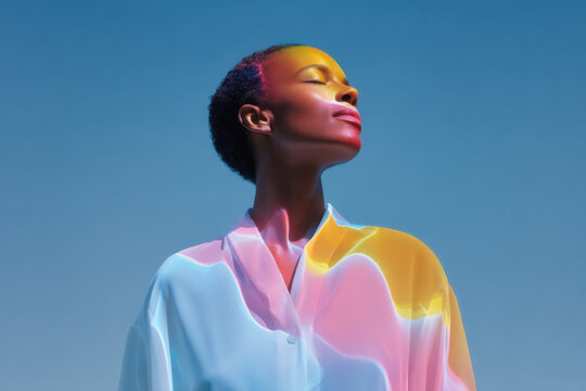 Model enjoying light painting with colorful shadows on face and shirt