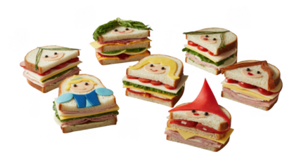 Seven creatively decorated sandwiches representing fairy tale characters are floating against a transparent background, offering a whimsical and playful take on lunchtime meals