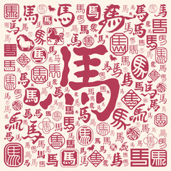 Pattern Texture Background of Stylized Chinese Calligraphy Characters for “Horse” with Traditional Seal Designs in Red on Light Background