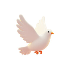 3D white dove bird with wings spread in soft cute style, flying pose with orange feet, isolated on a transparent background, png, cutout