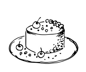 Hand drawn vector ink sketch. Sweet pastry, dessert, berry fruit cake, birthday. Food.