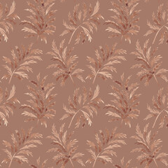 Fototapeta premium Pampas grass repeat pattern. Boho digital print hand drawn with watercolor. Not AI. Mocha mousse seamless tile. Elegant background for textile, fabric, clothing