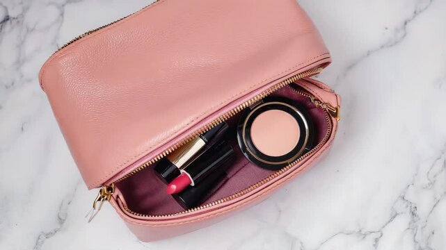 Pink Cosmetic Bag with Lipstick and Face Powder on Marble Background