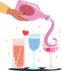 Hand holding bottle of champagne and pouring to glasses, Happy people celebrating birthday party with Wine Or Champagne.