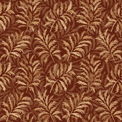 Golden leaves repeat print. Hand drawn seamless pattern. Watercolor boho digital paper. Floral seamless tile for textile, fabric, clothing