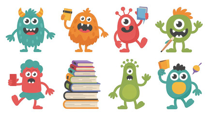 Obraz premium Cartoon monsters are learning, reading, using electronic devices, and playing with toys, creating a playful and educational scene on a transparent background