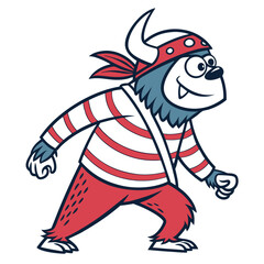 A fearsome, one-eyed pirate monster with striped shirt, parrot, and treasure chest; detailed, vibrant, whimsical illustration.